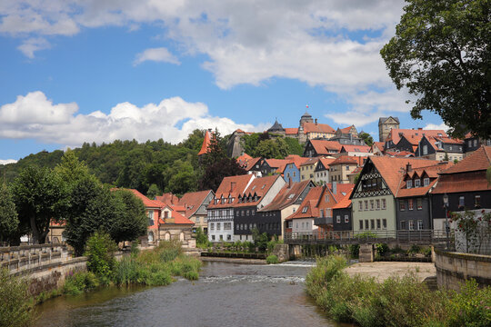 View at the river ha&szlig;lach and Kronach city with the Rosenberg Fortress Kronach - Germany