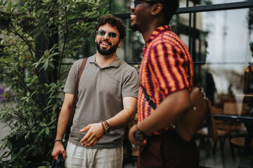 Two smiling businesspeople having a friendly conversation outside a modern cafe, highlighting...