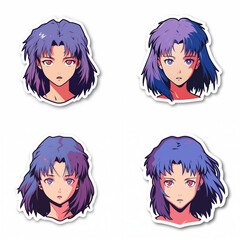 Set of cute blue-haired anime girls on a white bakground. Collection of illustrations for stickers, patches, pins.