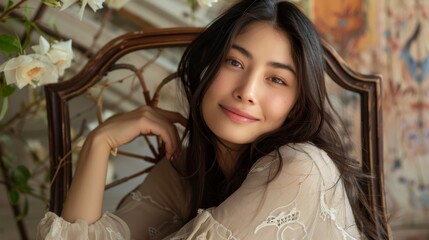 Fototapeta premium Asian Smiling Woman Amidst White Flowers - Perfect for Vintage and Floral-Themed Designs. Generative ai
