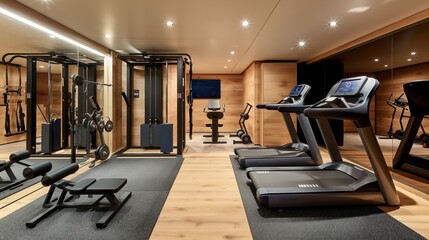 Fototapeta premium Modern home gym with equipment including treadmills, weight machines, exercise bike, and workout bench in a sleek, wood-paneled room.