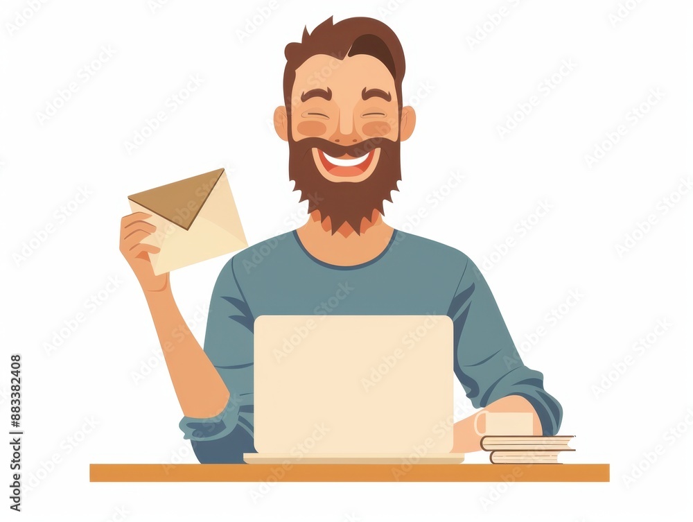 Aufkleber a happy man with a beard holding an envelope in his hand, sitting at a laptop and smiling this flat 