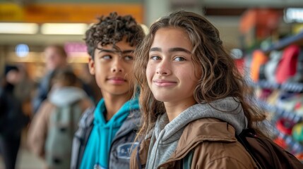 Obraz premium Two multiracial young friends at a lively train station with a blend of modern urban lifestyle and travel themes. Generative ai