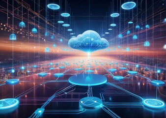 Fototapeta premium .Cloud computing data storage digital infrastructure futuristic technology circuit board glowing clouds networking information technology data management tech innovation