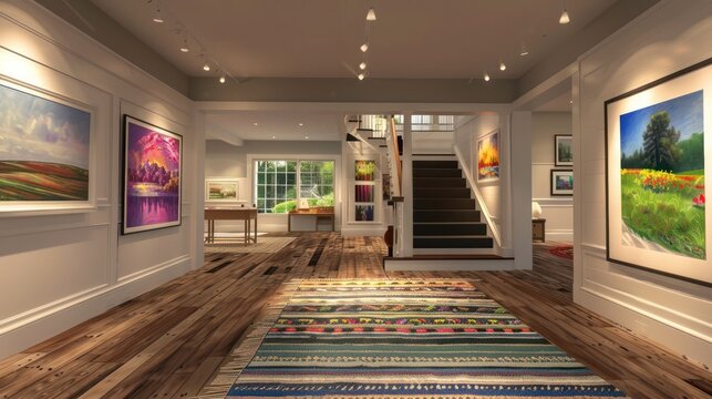 Suburban Colonial home with a modern art gallery in the renovated stable, showcasing local artists and hosting community art classes