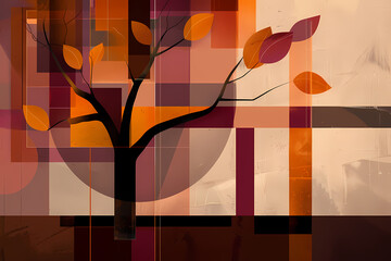 A striking abstract tree is depicted with vibrant geometric shapes and bright colors, blending nature with a contemporary, creative flair to evoke a sense of growth and vitality.