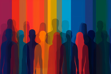 This image features multiple human silhouettes overlaid with vibrant gradient hues, creating a dynamic and colorful abstract representation of people and diversity.