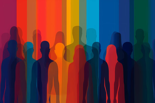 This image features multiple human silhouettes overlaid with vibrant gradient hues, creating a dynamic and colorful abstract representation of people and diversity.