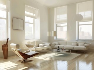 Fototapeta premium Serene Minimalist Living Room Design with White Walls and Sleek Furniture