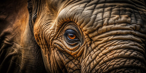 Fototapeta premium Intense gaze of an elephant's eye, surrounded by deep wrinkles and rough skin, set against a mysterious black background, conveying wisdom and ancient storytelling.