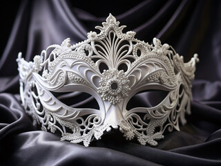 Exquisite white masquerade mask with delicate lace details rests against luxurious black velvet, evoking mystery and sophistication, ideal for masquerade balls and high-end events.