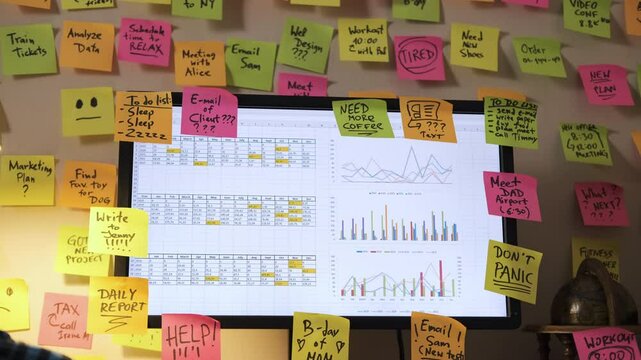 Hand of a man fixing papers with inscription Need more coffee and happy smiley on the screen of computer surrounded by colorful sticky notes. Time organization and planning concept
