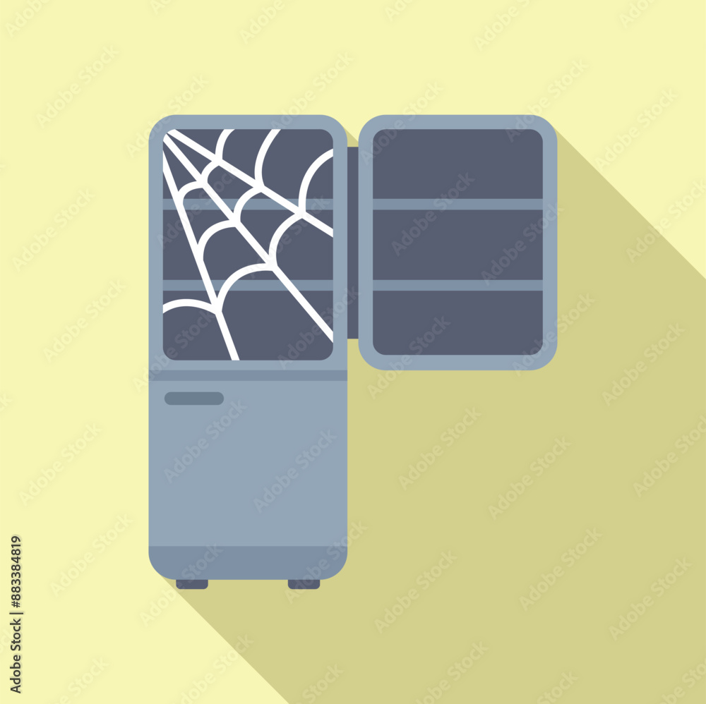 Poster old empty fridge with cobweb inside is standing open, suggesting a long period of disuse
