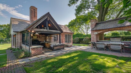 Suburban Colonial home with a traditional brick smokehouse in the backyard, now used for family barbecues and smoking meats