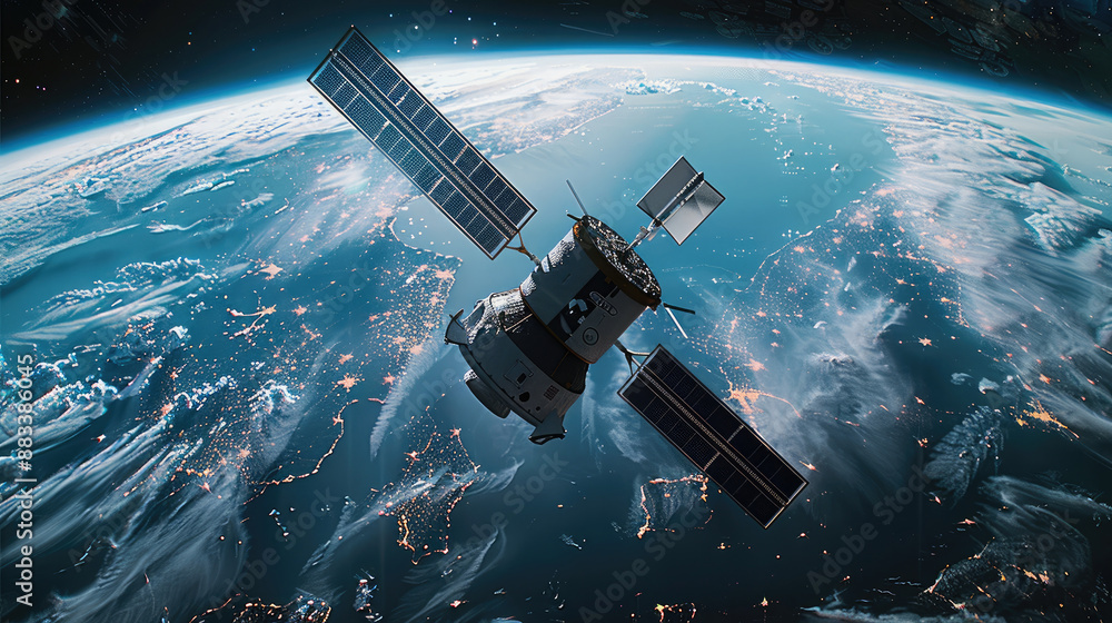 Poster a satellite in space with earth blue horizon and black sky in the background, showcasing advanced te