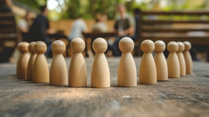 Wooden figurines arranged in a circle on a wooden table with a blurred background of people sitting and talking.