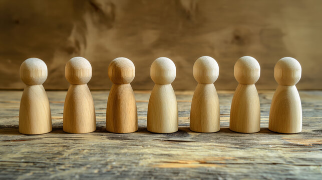 A row of seven wooden figurines standing on a rustic wooden surface with a blurred wooden background.
