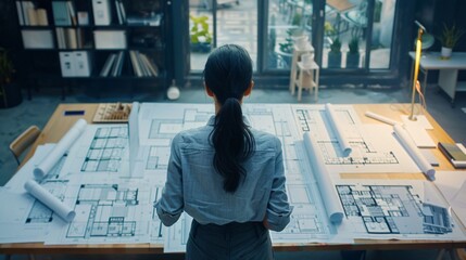 Close up shot of a businesswoman in an architectural firm, reviewing blueprints spread out on a large table