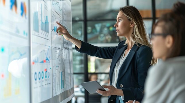 Close up shot of a businesswoman presenting to colleagues, pointing at a whiteboard filled with diagrams and charts