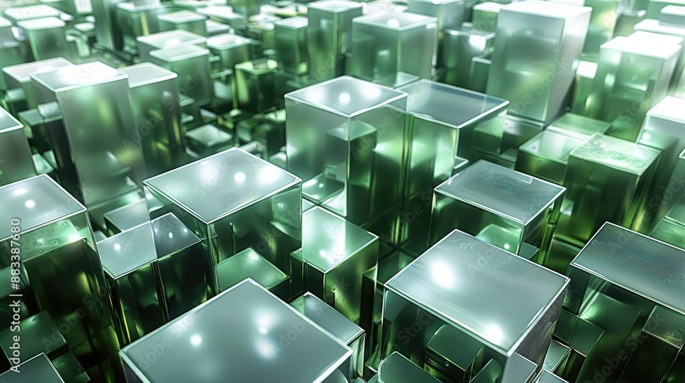 Poster a large number of silver metallic cubes forming shapes resembling multiple mountains, inside green l