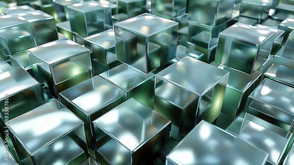 Poster a large number of silver metallic cubes forming shapes resembling multiple mountains, inside green l