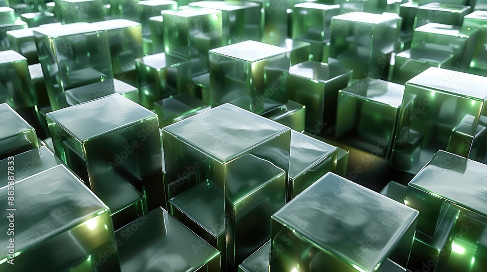 Poster a large number of silver metallic cubes forming shapes resembling multiple mountains, inside green l