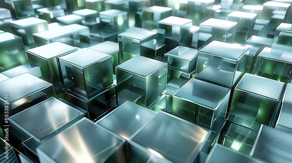 Poster a large number of silver metallic cubes forming shapes resembling multiple mountains, inside green l