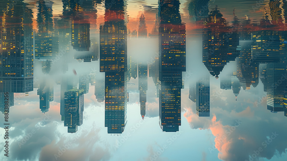 Poster a surreal cityscape with upside-down skyscrapers floating in a mirrored lake. generative ai.
