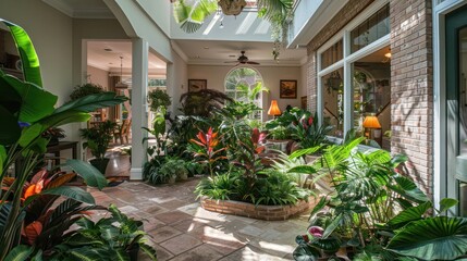 Suburban Colonial home with a sunlit atrium filled with tropical plants, providing a natural oasis in the middle of suburbia