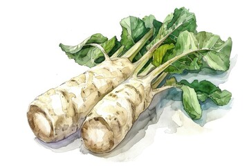 Fresh Horseradish Root with Leaves. Hand-drawn Watercolor Illustration of Raw Seasoning Veggie, Isolated on White Background