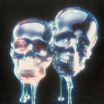 two transparent glass skulls melting together
