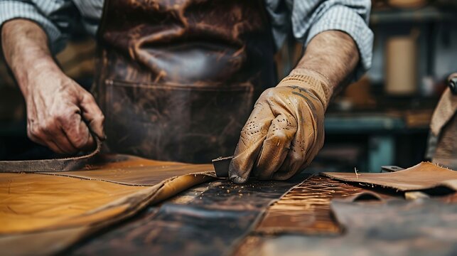Leather craftman working on a leather product in his workshop