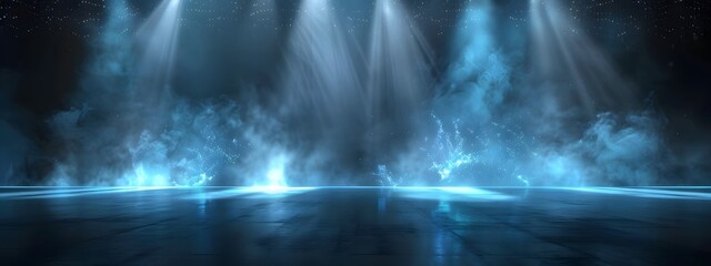 Naklejka premium Abstract background of an empty stage, night scene with blue light rays and mist on the dark gray floor. Background for a product display presentation in the style of the studio. Dark background