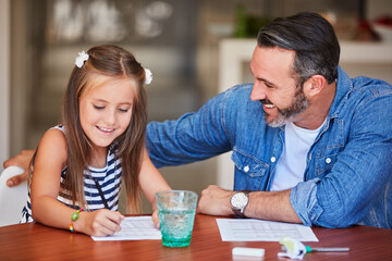 Homework, writing and girl with dad for support, helping and guide in language test, knowledge and development. Happy father, family and man with child with education, teaching or learning at home
