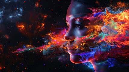 erratic collage of a human face with splashes of colour background of chaotic thoughts, creating a visual explosion of mental issues like as Alzheimer, paranoia, depression, chaos