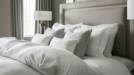 Obraz premium Luxurious bed with fluffy white pillows and neatly arranged bedding, set in a well-lit room with modern decor and curtains.