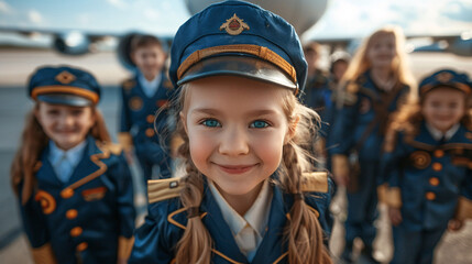 Future Pilots - Young Children in Pilot Uniforms at Junior Aviation Program with Airplane Background | Copy Space for Text