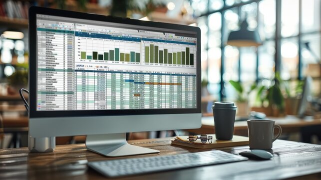 A computer screen showing multiple excel sheets, front facing view. Generative AI.