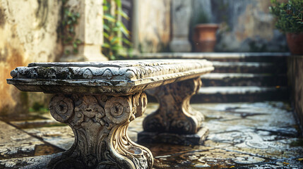 Vintage Charm: Close-up of Intricate Stone Bench in Historic Courtyard with Textures and Carvings perfect for Design Elements