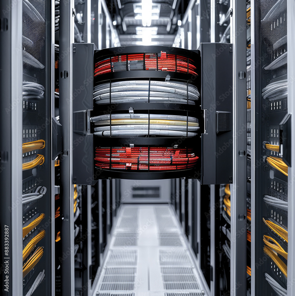 Poster Internet LAN cable In a modern server room For storing and transmitting information through a secure internet technology network isolated on white background. Generative AI.