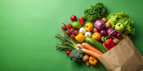 Fresh organic vegetables and fruits spill out of a recycled paper shopping bag on a vibrant green background, with ample copy space for text or branding.