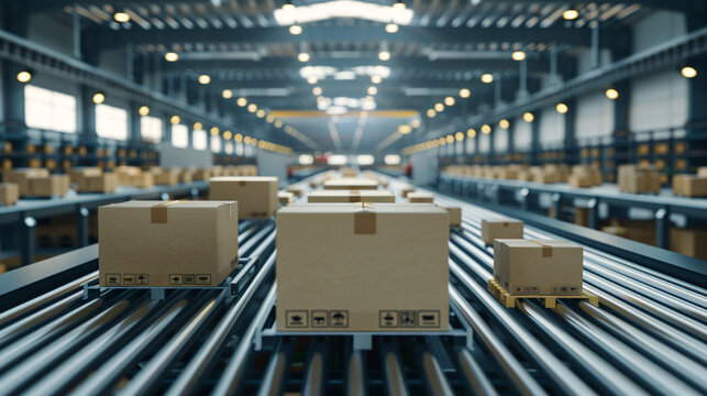 Automated Robotic Case Packers Efficiency in Warehouse, Product Packing on Conveyor Belt with Copy Space
