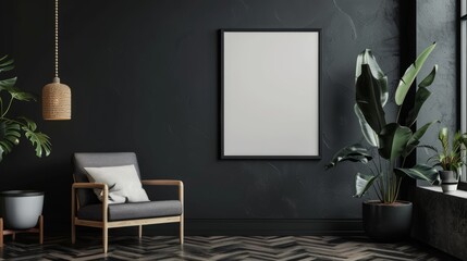 Frame mockup in modern dark home interior background, Generative Ai.