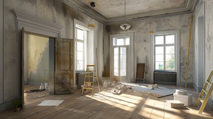 An interior of a room under renovation with painting equipment, ladders, and scattered items on a wooden floor. Sunlight streams through the windows.