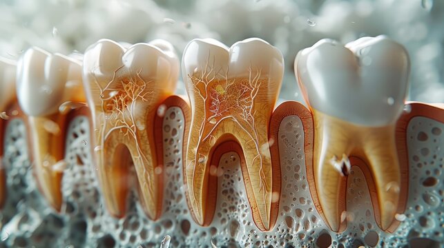 3D detailed of a central incisor tooth with a sagittal cut showing dentin with dentinal tubules and dental pulp with nerves and vessels. Natural and structured according to human morphology.