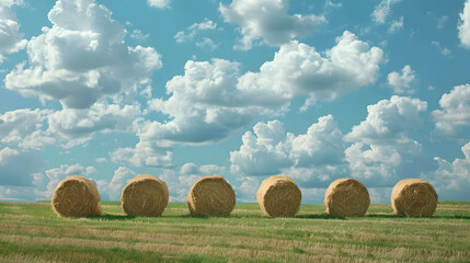 Drying hay balls in a line on a green field under a cloudy blue sky