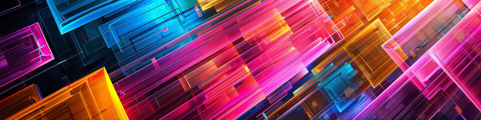 Modern trendy cyberpunk neon colors hi-tech geometric abstract background. High quality ultra wide art header social media post graphic element, banner, print, texture wallpaper. Generative Ai content