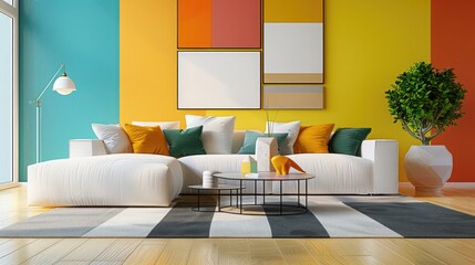 Explore the allure of a modern living room with stylish interior design, featuring clean lines, minimalist decor, and pops of color. 
