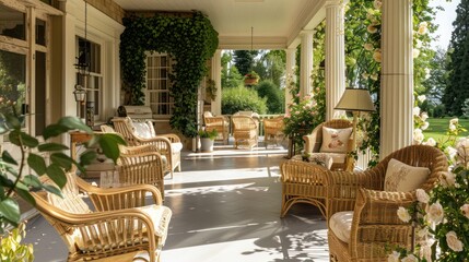 Suburban Colonial home's large, wrap-around porch, elegantly furnished with wicker furniture and surrounded by climbing roses and jasmine