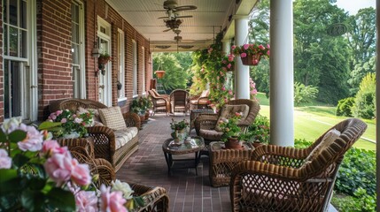 Suburban Colonial home's large, wrap-around porch, elegantly furnished with wicker furniture and surrounded by climbing roses and jasmine